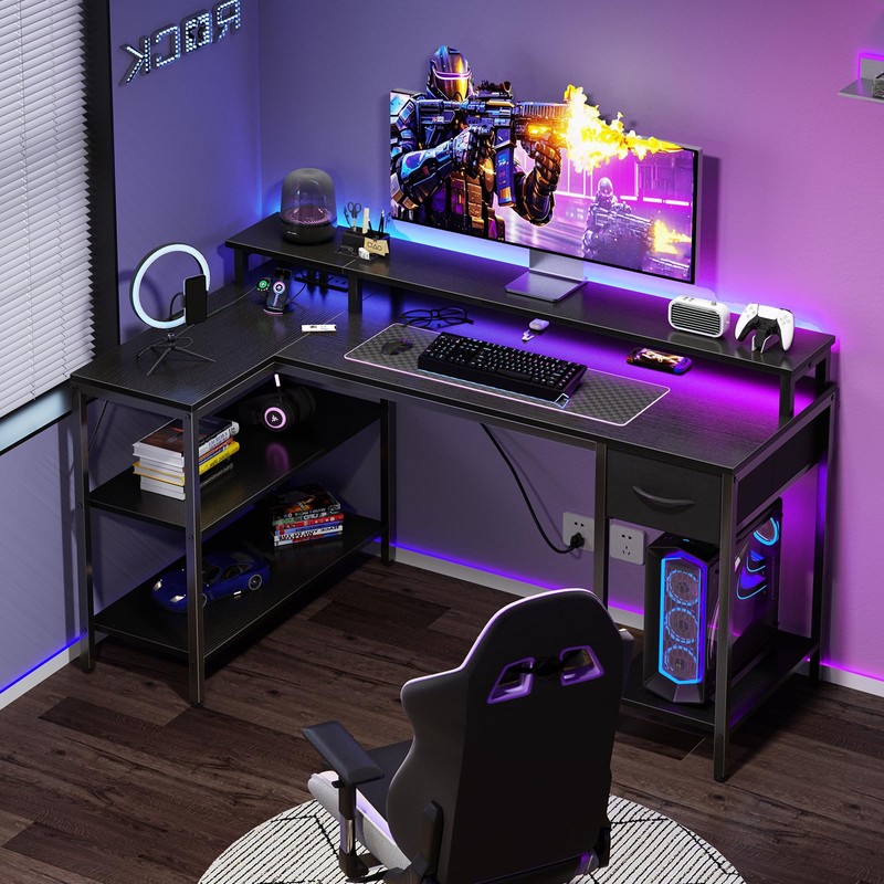 DUMOS Gaming Desk, Monitor Stand, LED Lights, Storage Shelves