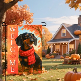 BlissYard Thanksgiving Fall Garden Flag 12x18 Inch Dachshund Dog Red Plaid Scarf Outdoor Flag Double Sided Autumn Puppy Yard Banner with Maple Leaves for Porch Lawn Patio
