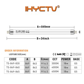 IHYCTV F21T5 Replacement LED Tube T5, 18W, 34 inch, 2050lm, 6500K / 865 / Daylight White, 140 Degrees, G5, Plug and Play LED Fluorescent Replacement Tube (Eq to 39W CFL), Frosted, 1 Piece