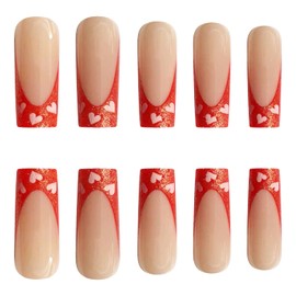 French Tip Press on Nails Long Square Pink Heart Design False Nails Artificial French Acrylic Nails Valentine's Day Glitter Medium Coffin Nails Full Cover Glossy Fake Nails Glue on Nails for Women