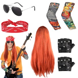 YOUYIKE Men's Rocker Costume Rock Star 70s 80s 90s Outfit Men's Disco Costume with Punk Gloves Tattoo Sleeves Sunglasses Wig Turban for Theme Party and Cosplay
