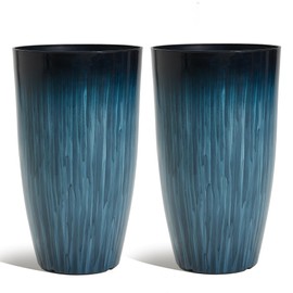 Worth Garden 20" H. Large Plastic Planters - Set of 2 Gradient Blue Glossy Smooth Finish - Tall Plant Pots for Indoor & Outdoor Use - Decorative Lightweight Flower Pots for Front Porch, Patio, Deck