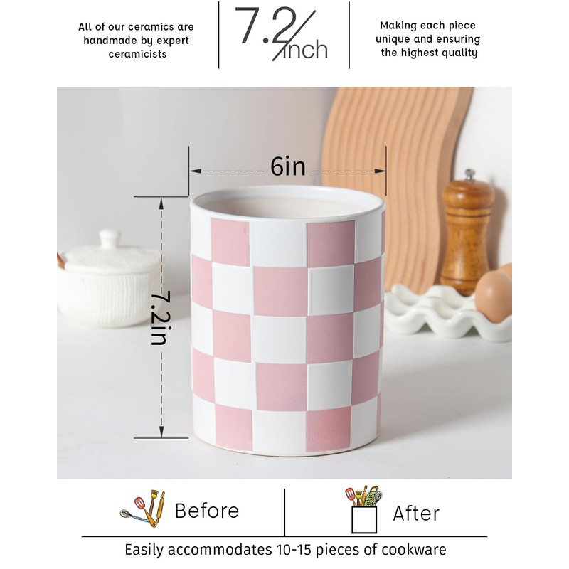 Swkien Utensil Holder，7.2 Inch Checkered Utensil Holder, Ceramic Cooking Utensil