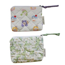 Kawlxpp 2pcs Small Cosmetic Bags for Women and Girls, Cute Girl Flower Fabric Makeup Pouch Lipstick Headphones Organizer Pouch with Zipper Cotton Quilted Padding