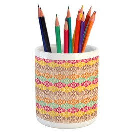Ambesonne Ethnic Pencil Pen Holder, Pattern of Colorful Motifs Ornamental Eastern Inspired Forms, Ceramic Pencil Holder for Desk Office Accessory, 3.6" X 3.2", Beige and Multicolor