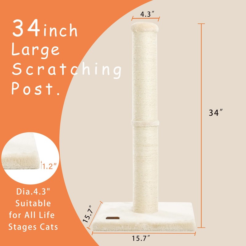Karolpar 34inch Cat Scratching Post with Natural Sisal Rope 4.3Inch
