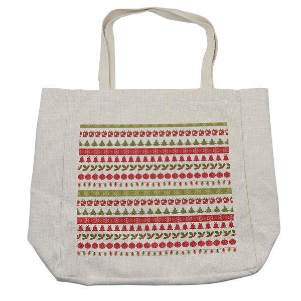 Ambesonne Christmas Shopping Bag, December Holiday Pattern Baubles Trees Flowers