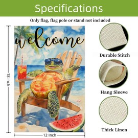 Summer Welcome Sea Turtle Garden Flag, Cute Turtle On Beach 12x18 Inch Double Side Burlap Flag, Summer Beach Welcome Dog Flags for Lawn Yard Patio Porch Decor