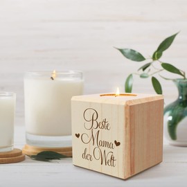 GRAVURZEILE Wooden Tea Light Holder with UV Print for Mum – Best Mum in the World – Personal Gift for Mum for Birthday or Mother's Day – Mother's Day Gift – Cube: 8 x 8 cm