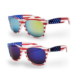 Goson American Flag Mirror Novelty Decorative Sunglasses (Gold/Blue Lens Combo in Leopard Print Box)