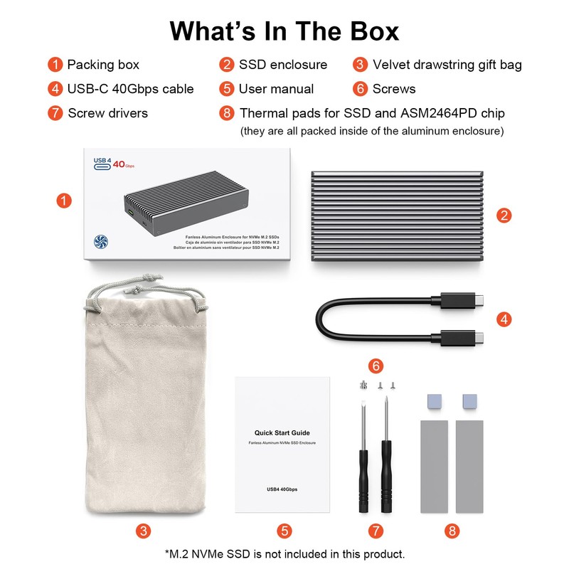 Fanless Speedy 40Gbps M.2 NVMe SSD Enclosure, USB4/Thunderbolt 4 Aluminum