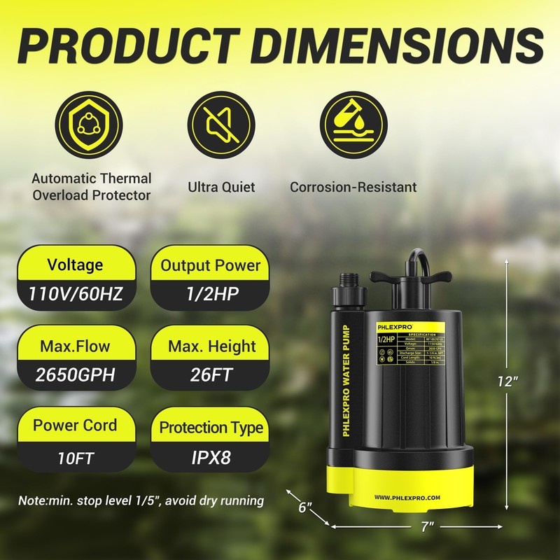 PHLEX PRO Sump Pump 1/2HP Submersible Water Pump, 2650GPH Utility