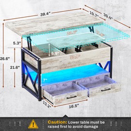 Itaar 40" Lift Top Coffee Table, 4 in 1 White Coffee Tables with Storage for Living Room, Small Coffee Table with 2 Drawers & LED Light for Dining Room, White