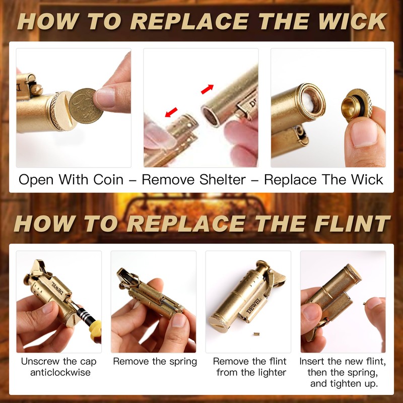 2 Pack Cool Vintage Copper&Brass Wheel Lighter, Pressure-Relief Reusable Windproof