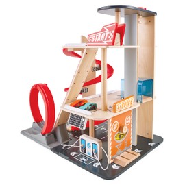 Hape Gearhead Stunt Garage Kids Wooden Toy Car Parking Garage Playset w/Elevator and 2 Exit Tracks, Detachable Loop, Includes 2 Wooden Toy Racecars