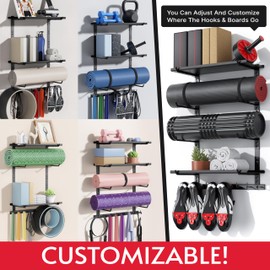 Home Gym Storage Shelf Only, Adjustable Gym Equipment Organizer Wall Mounted with 2 Boards, Yoga Mat Holder, Storage Rack Compatible with Peloton Shoes & Mat, Shelf for Home Training Accessories