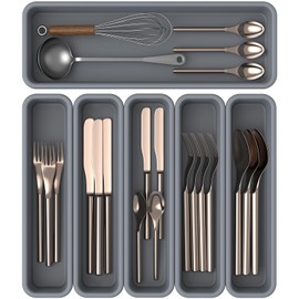 6 Pack Silicone Silverware Drawer Organizer, DIY Free Combination Kitchen Drawer Organizer, Utensil Organizer, Moisture-proof and Heat-resistant up to 200°C, Anti-slip and Environmentally (Grey)