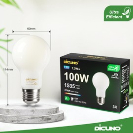 DiCUNO Edison LED Bulb E27, Classic Ultra Efficient Bulb, A Label, 7.3 W, Replacement for 100 W Bulb, Warm White 2700 K, 1535 lm, 360°, Matt, Energy Efficiency Class A, A60 LED Bulb, Pack of 3