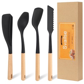 Svailse Silicone Spatula Set of 4, Cooking Spatulas Spoons for Nonstick Cookware, Heat Resistant Multifunction Spoon with Wood Handle for Mixing, Scoop, Scrape, Egg, Pancake and Burger (Black)