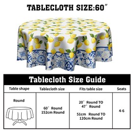 Granbey White Yellow Lemon Tablecloth Round - Lemon Table Cloth 60 Inch Italian Summer Decor for Birthday Party Wedding Picnic Dinner