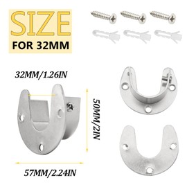 Ruidee 4Pcs Tension Bar U Shaped Brackets Closet Rod Bracket 32mm Curtain Pole Brackets Stainless Steel Rod End Supports U Flange for Shelf Wardrobe Shower Curtain (32MM/Silver/FL)