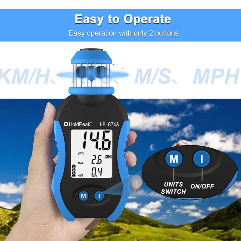 Handheld Cup Anemometer, 42m/s Digital Air Wind Speed Meter with