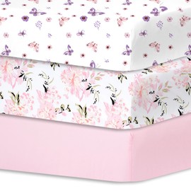 Bimocosy 3 Pack Cot Sheets,100% Microfiber- Breathable, 120 x 60cm Cozy and Lightweight Cot Fitted Sheets, Butterfly, Flower, Pink Print,Oeko-tex100