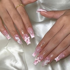 Bow Press on Nails Glossy Pink Fake Nails Cute Flower Pearl Designs Long Square False Nails Stick on Nails Full Cover French Tip Acrylic Nail Art Kit for Women Manicure Decoration 24 Pcs