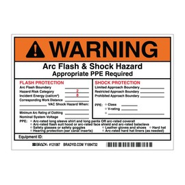 Brady 121087 Vinyl Preprinted Arc Flash & Shock Labels, Black and Orange on White, 5" Height x 7", Legend "Warning Arc Flash & Shock Hazard Appropriate Ppe Required Flash Protection Flash Hazard Category 2..." (5 Labels per Package)