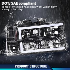 PIT66 Clear Lens Black Housing Clear Reflector Headlight w/bulbs & LED running lights strip Fit GMC C1500 C2500 K1500 K2500 Yukon Suburban 1994-1999/GMC C2500 C3500 K2500 K3500 1994-2000