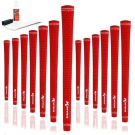 Karma Velour Golf Grip Kit with Tape Strips, Grip Solvent, Rubber Vise Clamp, 13 Red Midsize Rubber Velvet Style +1/32” Oversized Replacement Golf Grips for Men