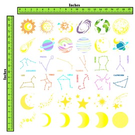 CrafTreat Reusable 36 Pcs 3X3 Inch Zodiac sign stencils for painting, sun moon and star stencils planets solar system constellation stencil moon phase stencil