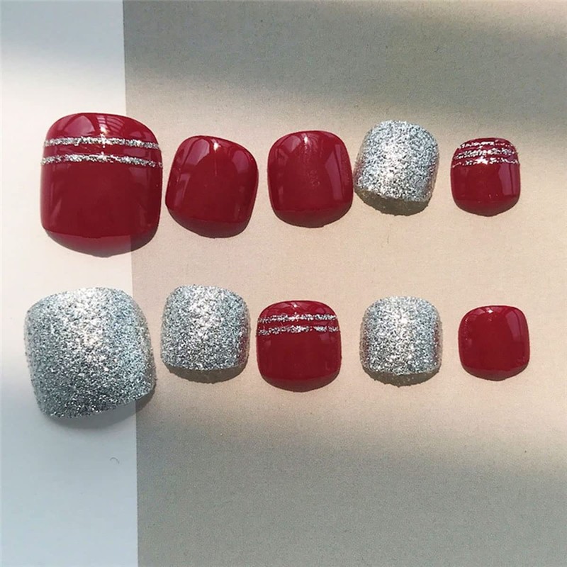 Bufenia Shiny Full Cover False Toe Nails Burgundy Press On