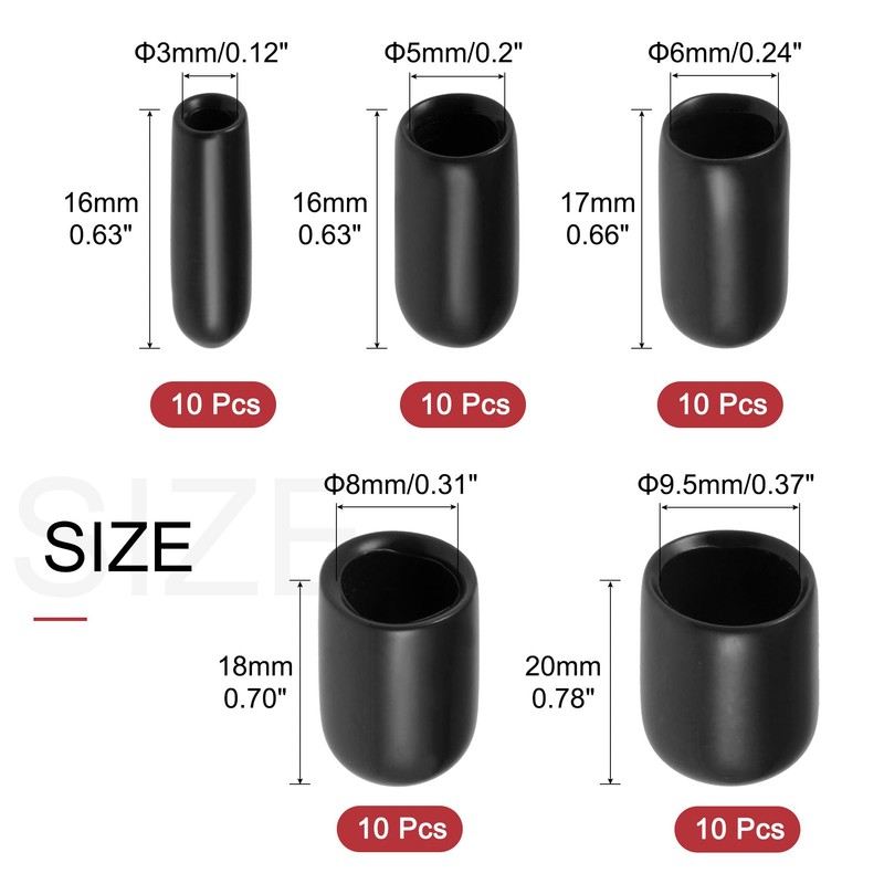 sourcing map 50pcs Round Rubber End Caps 1/8" 3/16" 1/4"