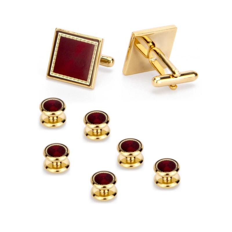 Wynamleri burgundy cufflink studs, golden dinner shirt buttons and cuff