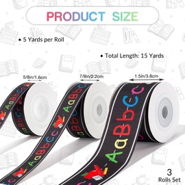Back to School Themed Grosgrain Ribbon 3 Rolls Set 5/8" 7/8" 1.5", ABC Alphabet Apple Print Craft Fabric Ribbon for Teacher Appreciation Wreath Garland Bows Sewing Gift Wrapping Classroom Party Decor
