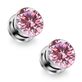 Ruifan Gauges For Ears ASTM F136 Titanium Paved Round Pink CZ Single Flare Tapers Screw Tunnel Gauges Earrings Ear Expander Stretching Kit Plugs Piercing For Women Men 0G Silver