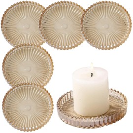 6 Pcs Glass Pillar Candle Trays, 4'' Striped Embossed Round Glass Candle Plates with Gear Edge, Decorative Crystal Coasters for Dining Table Centerpieces, Orange