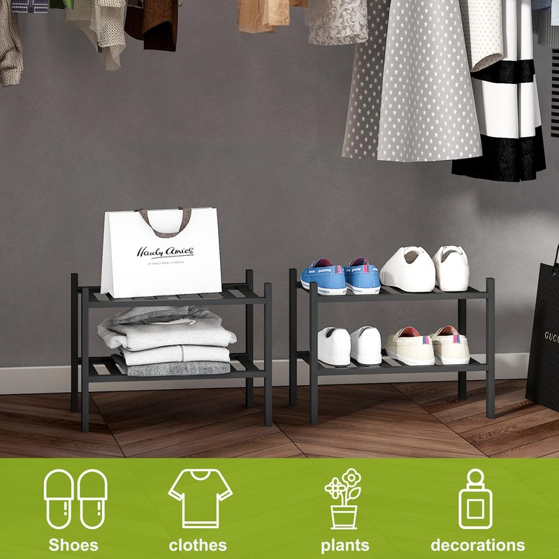 BMOSU 2-Tier Bamboo Small Shoe Rack Premium Stackable Shoe Shelf