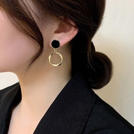 Yheakne Boho Circle Drop Earrings Enamel Black Stud Earrings Vintage Enamel Round Dot Earrings Hollow Circle Dangle Earrings Jewelry for Women and Girls