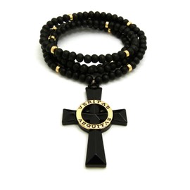 NYFASHION101 Veritas Aequitas Cross Pendant 6mm 30" Black Wooden Bead and Metal Disc Necklace, Black/Gold-Tone