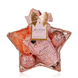 Accentra Shower Set Women Gift Set Festival in Star-Shaped Wire Basket Rose - 3-Piece Care Set with Hand & Body Lotion, Bath Fizzer and Mesh Sponge - Gift Set for Birthday & Christmas