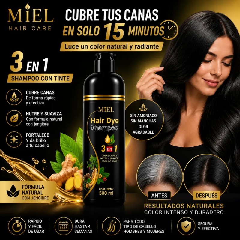 Miel® Shampoo Con Tinte Cubre Canas Natural Jengibre 500ml