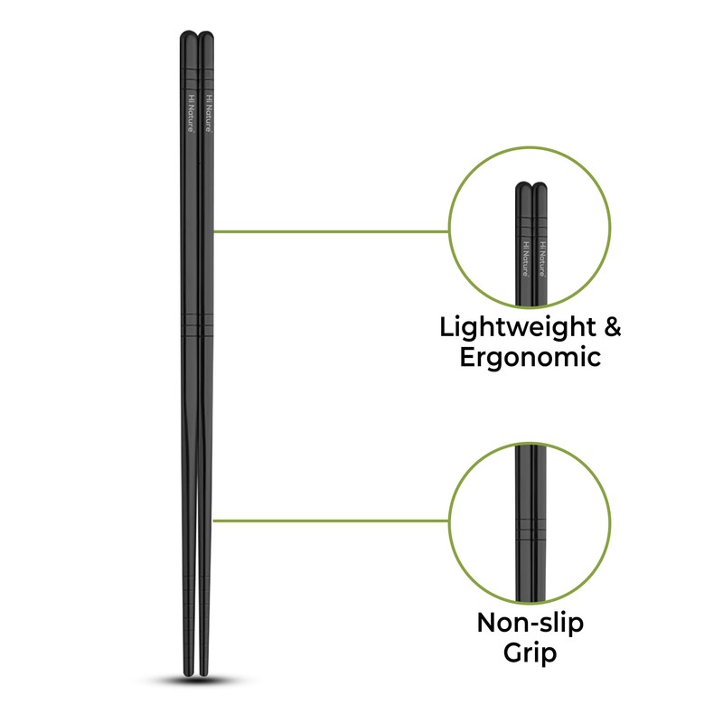 HI NATURE Chopsticks Set, Stainless Steel, Reusable, Non-Slip Metal Chopsticks,
