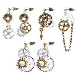 UNICRAFTALE 6Pcs 3 Pairs Steampunk Earrings Vintage Clockwork Dangle Stud Earrings Retro Clock Gear Earring Alloy Asymmetrical Earrings Christmas Holiday Gifts for Woman Daughters