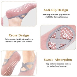 3 Pairs Yoga Socks for Women, KISUOMAOYI Non-Slip Pilates Socks with Straps, Cotton Grip Socks for Pilates, Ballet, Hospital, Home, Sweat Absorption, Barefoot Workout, Dance, Fitness (Black&Grey&Pink)