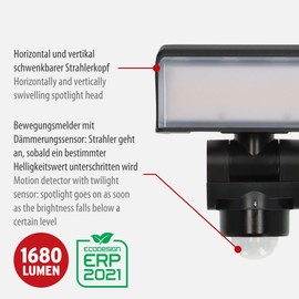 Brennenstuhl WS 2050 SP/LED Outdoor Spotlight with Motion Sensor 20 W (1680 lm, IP44, 3000 K, Warm White Light, 180° Detection Angle with up to 10 m Range, with Twilight Sensor) Black