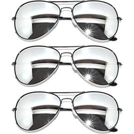 Aviator Style Sunglasses Full Mirror Silver Lens Gun Metal Frame 3 Pack OWL