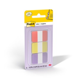 Post-it Sticky Tabs, 1 in. x 1.5 in., 3 Pads of Book Tabs in Assorted Warm Pastel Colors for Bookmarking, Annotating, Reading, and Reminders, Orange, Yellow, and Purple Colors (36 Total Count)