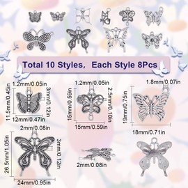 SUNNYCLUE 80Pcs 10 Styles Silver Butterfly Charms Bulk Mini Butterflies Charm Tibetan Antique Alloy Hollow Insect Charms for Jewelry Making Charms Supplies Keychain Dangles Earring Necklace DIY Craft